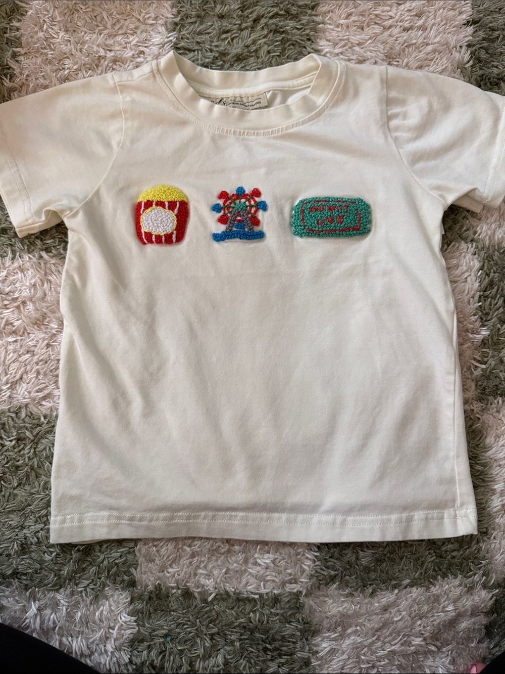 Kids Cream Short-Sleeve Patch Tee with Colorful Embroidered Icons
